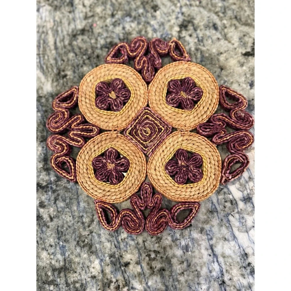 Vintage Wicker Straw Hot Pad Trivet Woven‎ Rattan Raffia  Red Gold  Color
